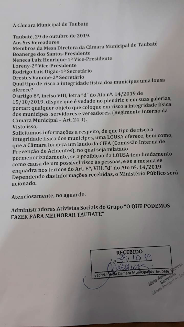 Documento protocolado na Câmara Municipal de Taubaté em 29/10/2019